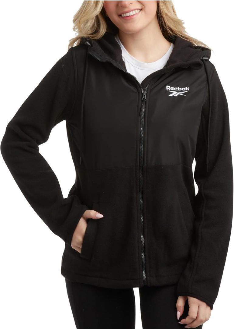 Reebok Womens Fleece Jacket - Lightweight Super Soft Polar Fleece Lined Outerwear - Zip Up Hooded Winter Jackets for Women (Large, Jet Black)