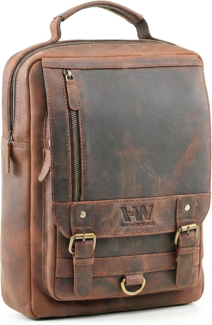 Handmade World Leather Backpack Convertible to Sling Bag 'The UpVibe' Fits 16 Inch Laptop Brown Full Grain Buffalo Hunter Leather Daypack Knapsack Stylish Crossbody Bag Unisex