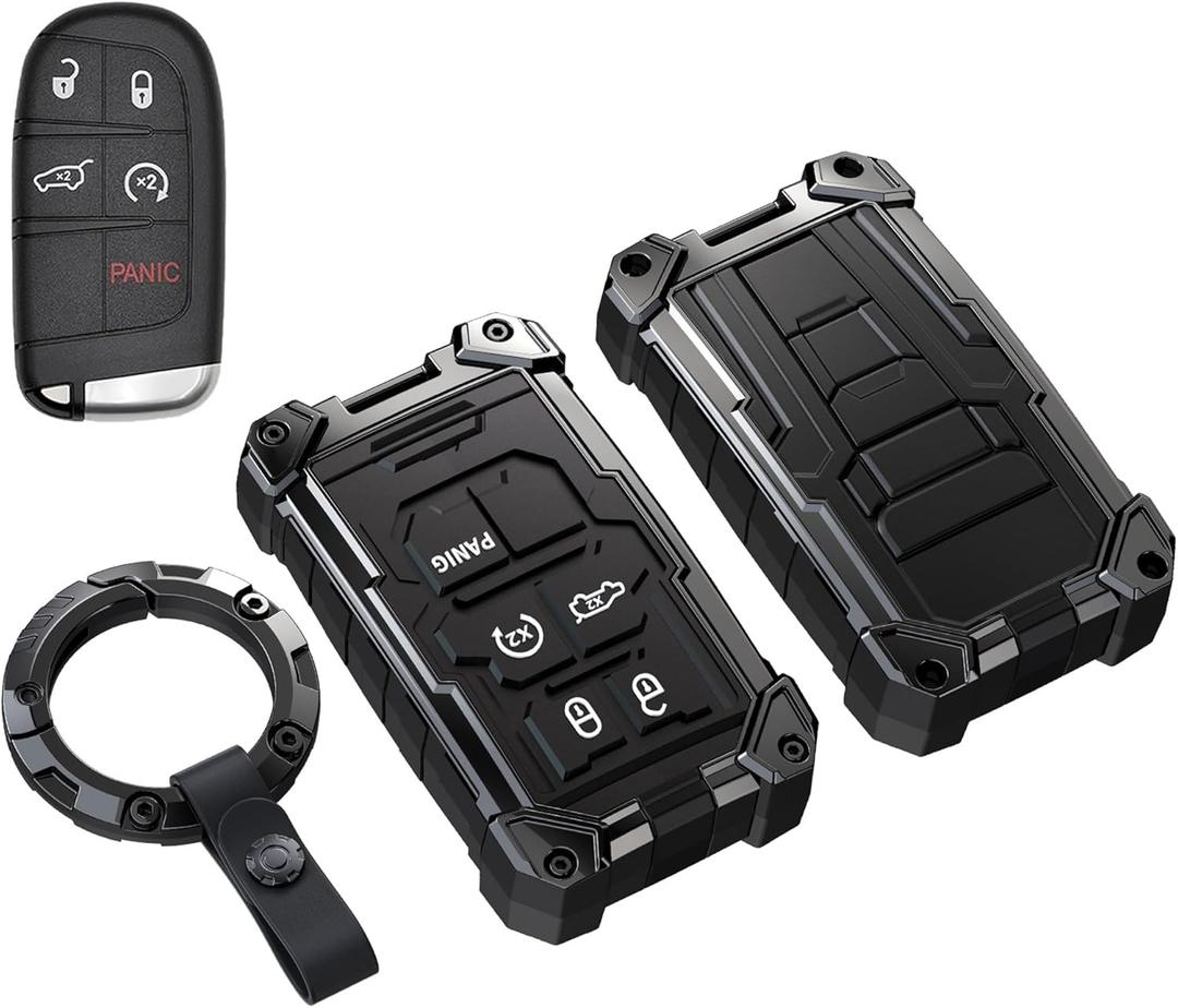Heavy Key Fob Cover for Jeep, Keychain, Metal Silicone Key Fob Case Compatible with Grand Cherokee Compass Renegade Durango Challenger Journey Dart (Black, R Buckle)