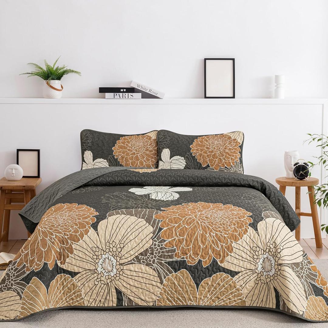 Anibedding 3 Pieces Floral Printed Quilts Set Queen Size, All Season Black Brown Lightweight Bedspread Sets with Shams for Bedroom (King)