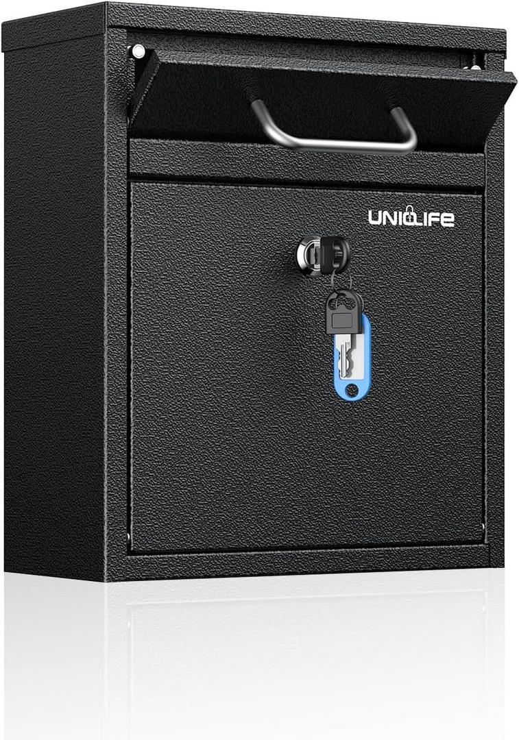Uniclife Wall Mount Mailbox for Outside, Heavy Duty Locking Mailbox, Small Mailbox with Key Lock, Security Mail Box, Safe Key Drop Box, Post Box, Steel Cash Drop Box for Home Office School, Black (Medium)