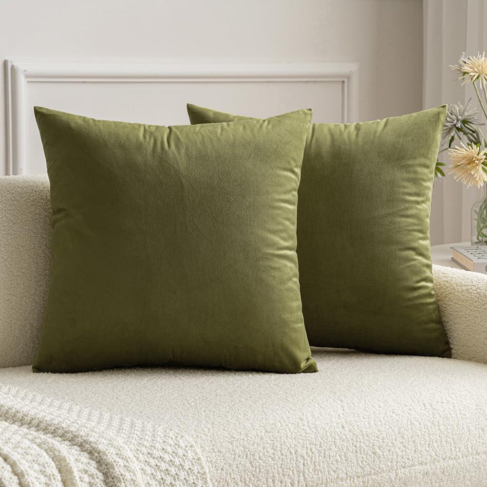 MIULEE Velvet Soft Soild Microfiber Decorative Square Pillow Case Throw Cushion Cover for Sofa Bedroom with Invisible Zipper 18x18 Inch 45x45cm Army Green Set of 2 Lined