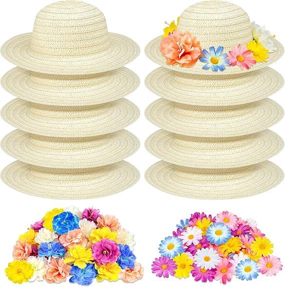 90 Pcs DIY Straw Hats 10 Pcs Tea Party Hats for Girls and 80 Artificial Flowers for Tea Party Birthday Decoration