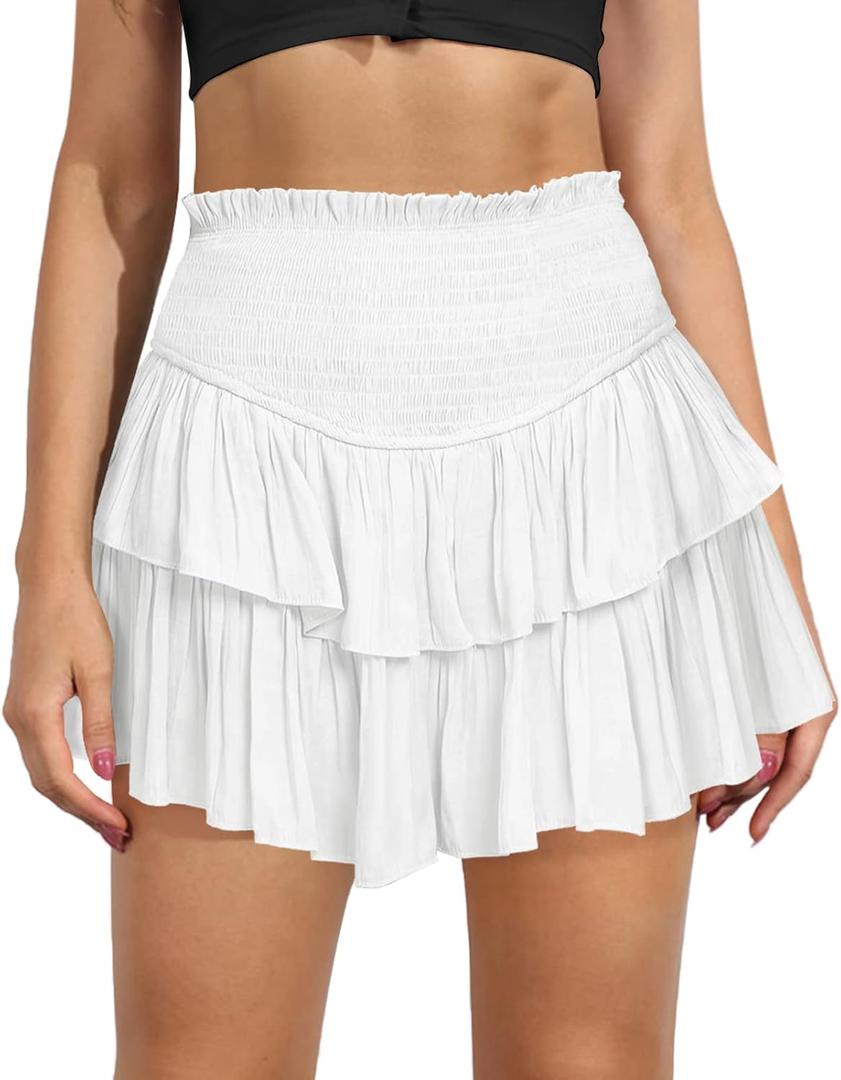 Women's Cute High Waist Ruffle Mini Skirt Layered Ruffle Hem Flared Flowy Casual Swing Beach Mini Short Skirt (White) Small