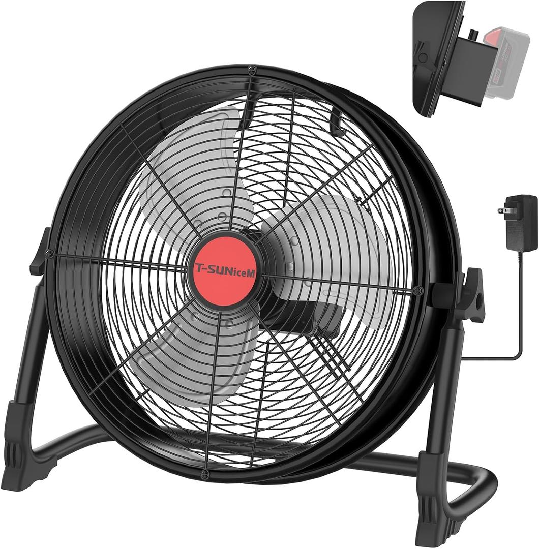 16" Battery Operated Floor Fan for Dewalt 20V Max Battery, Portable Fan with AC Adapter and USB Output, Metal Industrial High Velocity, Stepless Speed Cordless Fan for Jobsite Garage Camping Emergency Black