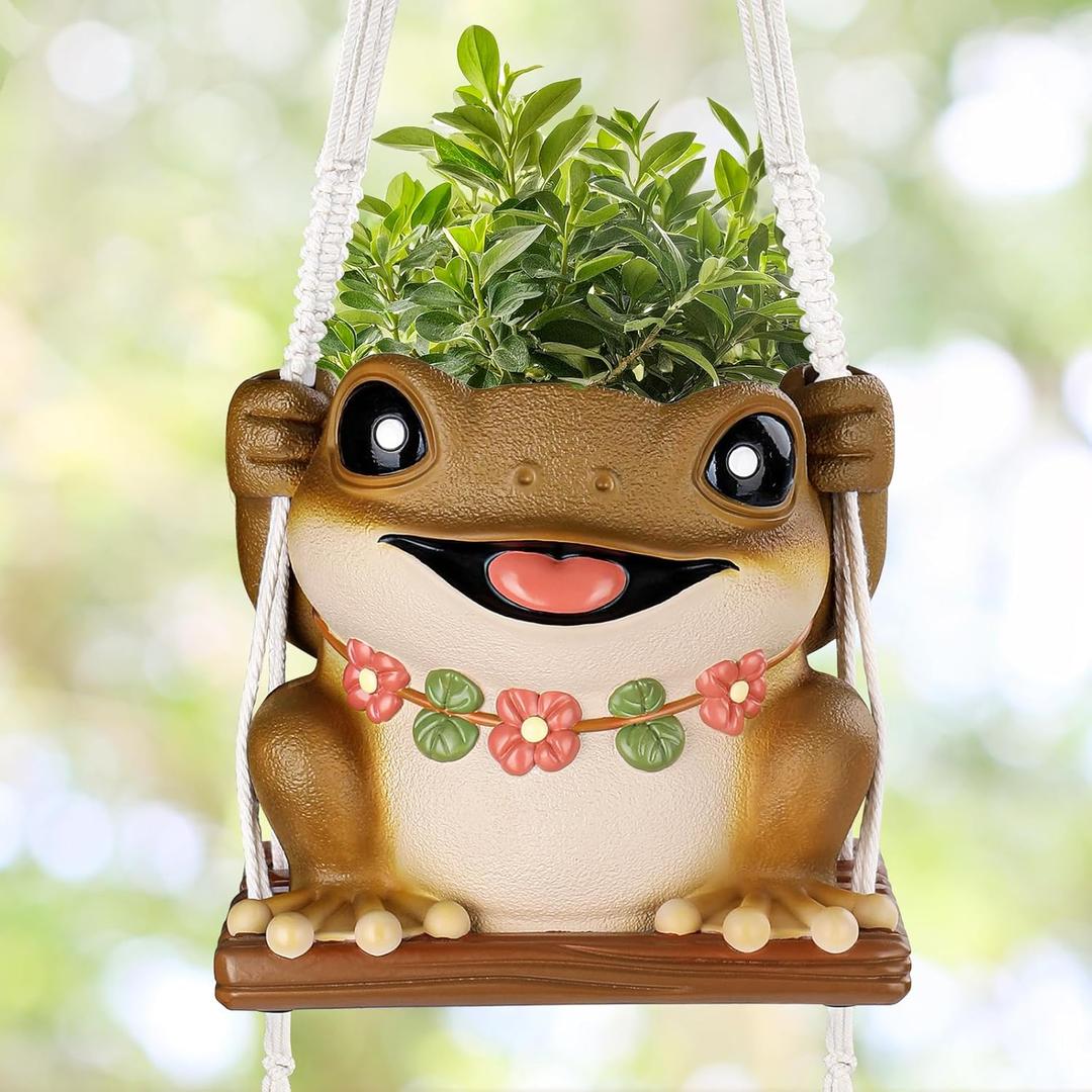 GUGUGO Swing Frog Planters, Cute Hanging Pot for Indoor Plants, Small Plant Pots with Drainage Hole, Unique Decorative Succulent Planters for Home Decor, Funky Funny Wall Decor Gardening Gift, Brown