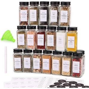 Spice Jars - 36 pieces, labeled spice jars with black metal lids, empty glass spice jar set, spice storage containers, kitchen set, ideal for organizing and storing food in the pantry.