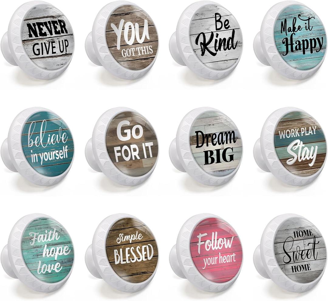12 Pack Motivational Quote on Rustic Wood Cabinet Knobs Round Drawer Pulls White Dresser Knob Cupboard Door Handles Hardware for Kitchen Bathroom Cabinets