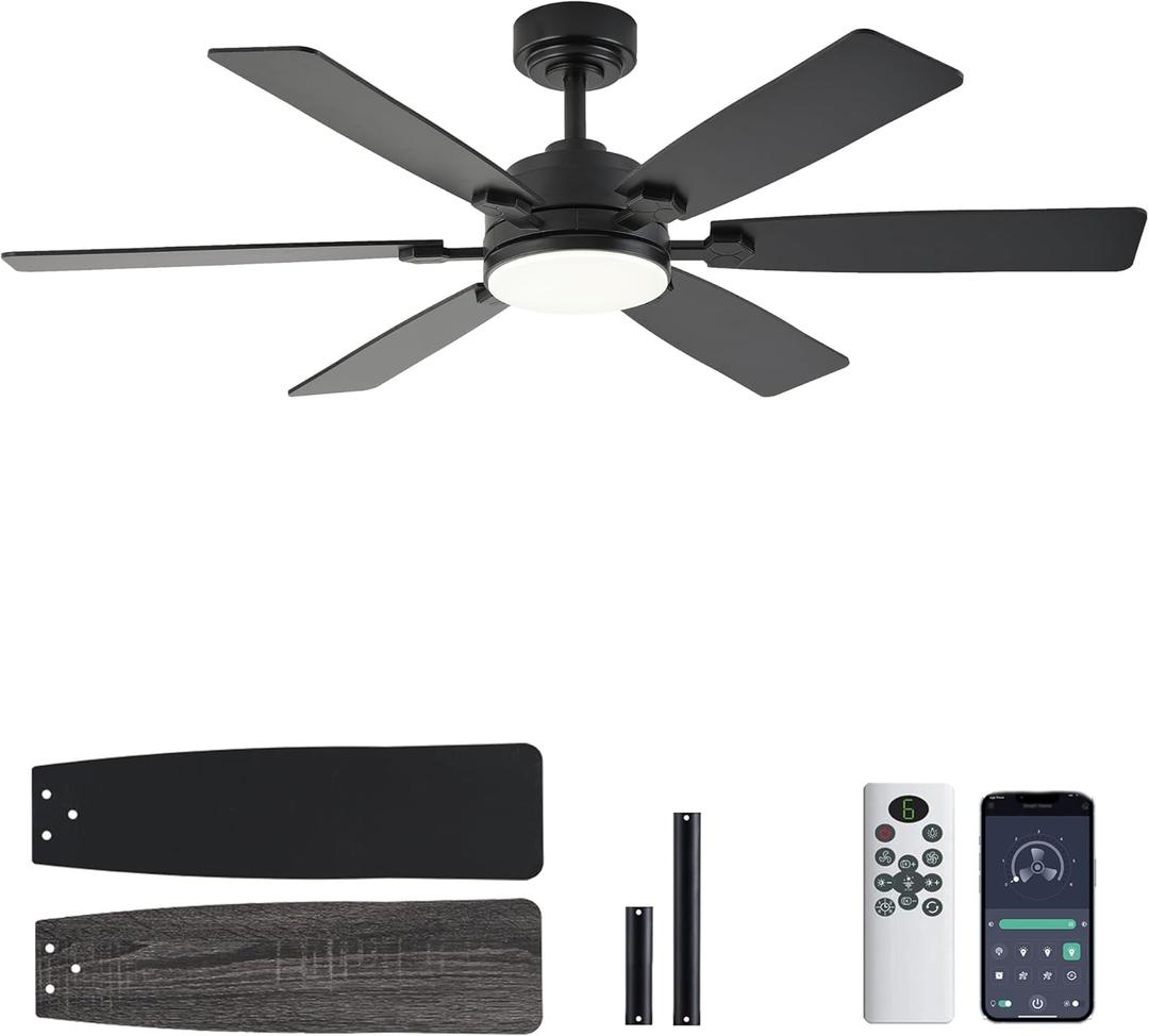 Ceiling Fan with Light and Remote, 52 Inch Ceiling Fans with Lights, Downrod Mount, Reversible DC Motor, 3CCT, Dimmable, Quiet, Black Ceiling Fan for Bedroom, Livingroom Indoor/Outdoor Use