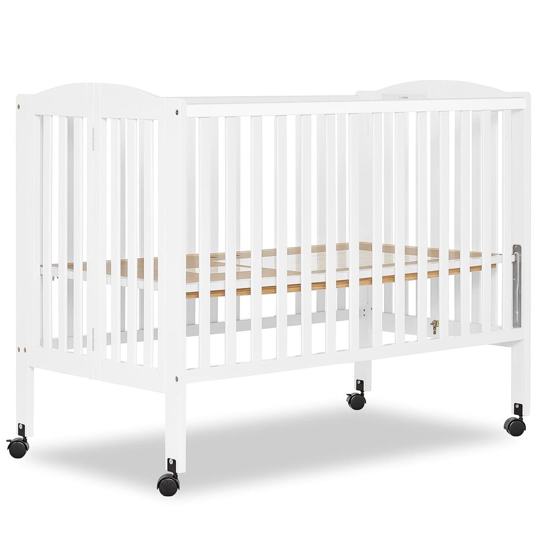 Dream On Me Full Size 2-in-1 Folding Stationary Side Crib In White, Locking Wheels, Folds Flat For Storage, Comes with Teething Guard, Non-Toxic Finish