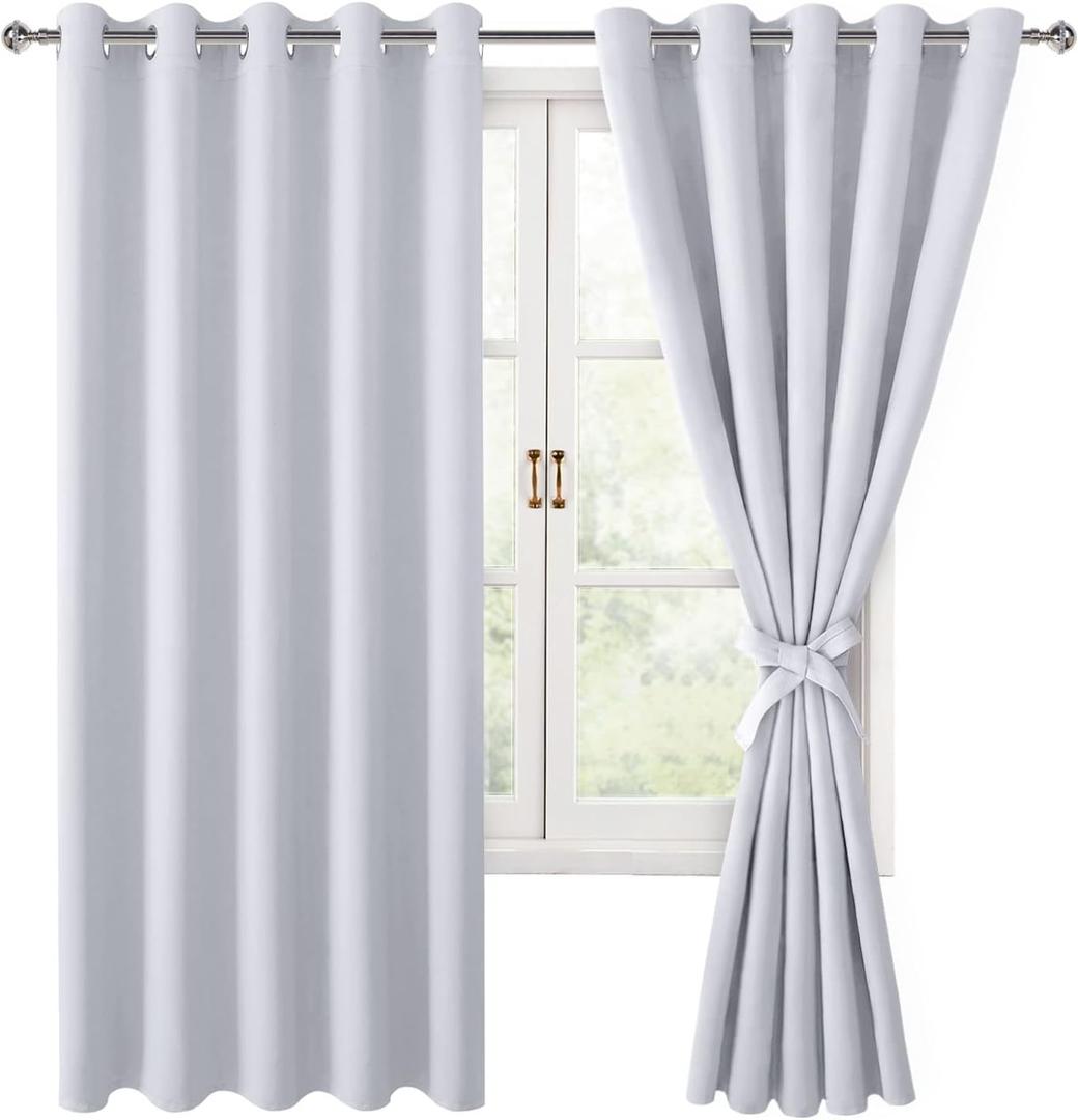 Hiasan Blackout Curtains for Bedroom, 60 x 63 Inches Length - Thermal Insulated & Energy Saving Window Curtains for Living Room, 2 Drape Panels Sewn with Tiebacks, Greyish White