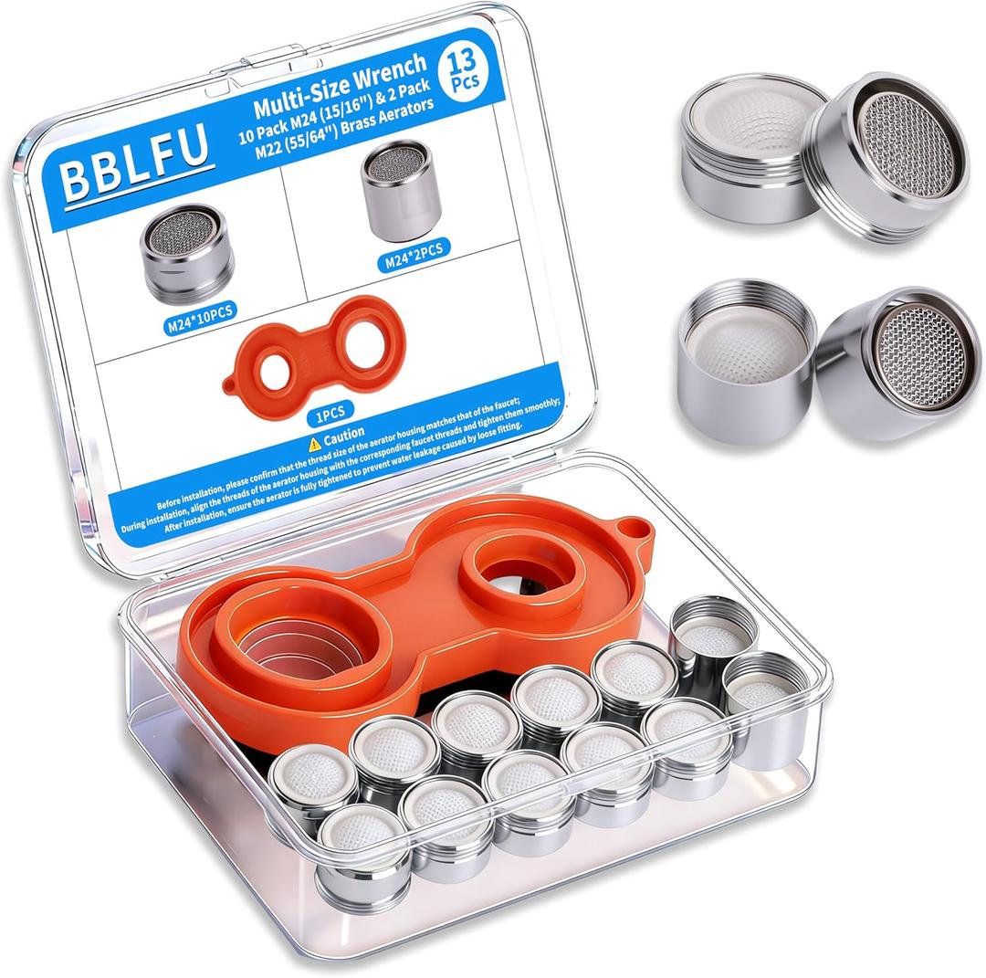 Kitchen Faucet Aerator Replacement with Multi-Size Wrench, 10 Pack M24 (15/16") & 2 Pack M22 (55/64") Brass Aerators, Water-Saving Anti-Splash, Easy Install for Kitchen & Bathroom Sink