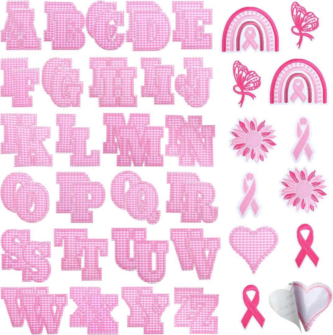 KINGSOW Self-Adhesive Letter Patches for Clothing: 64PCS Pink Buffalo Plaid Fabric Letters Stick on Patches - Ribbon Bows Embroidered Sew Applique for Breast Cancer Awareness Shirt Hat Backpack Socks