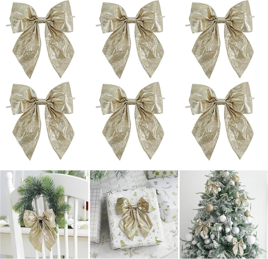 AIMUDI Champagne Glitter Wired Ribbon Bows with Twist Tie 5.5" Premade Metallic Christmas Bows for Gift Wrapping, Wreath, Garland, Holiday Crafts Party Home Outdoor Christmas Tree Decorations, 12 PCs