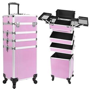 CHUANGJIN 4 in 1 Rolling Makeup Train Case Professional Cosmetic Trolley Large Storage Organizer with Key Swivel Wheels Salon Barber Case (pro, Pink-pro)
