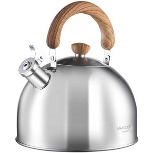 MAXCOOK 18/8 Stainless Steel Tea Kettle for Stovetop (4L / 4.23 Quart Whistling Tea Pot, Wood Handle)-Silver