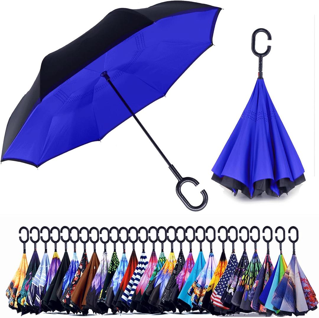 SIEPASA Spar. Saa Double Layer Inverted Umbrella with C-Shaped Handle, Anti-UV Waterproof Windproof Straight Umbrella for Car Rain Outdoor Use, 49 Inch, Sapphire Blue