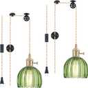 Pack of 2 Plug in Pendant Light Fixtures, Hanging Light Fixture Vintage Glass Pendant Light, Mini Green Tulip Hanging Lamp, Pendant Lighting for Kitchen Island, Bedroom, Dining Room, Living Room