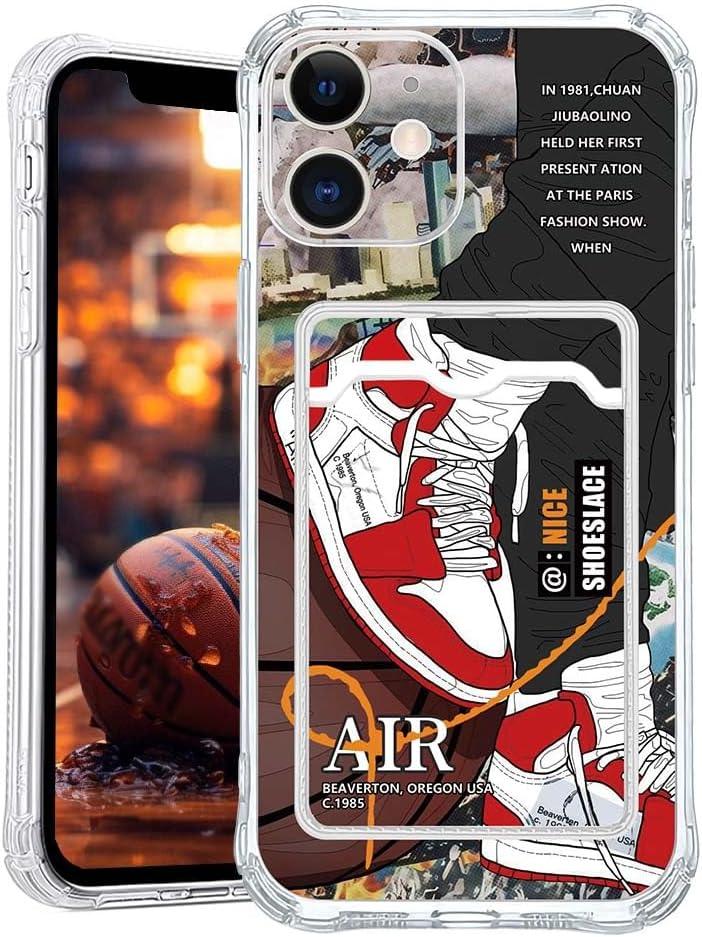 Basketball Shoes Clear Case Compatible with iPhone 12 Case for Boys with Card Holder, Soft Off Silicone Cool Classic Sneakers Shockproof Card Slots White Cover