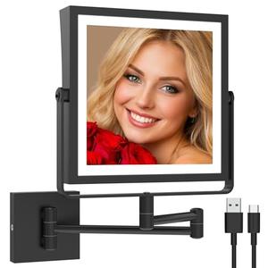 Ruacq Rechargeable Wall Mounted Makeup Mirror with Lights, Double Sided 1X/10X Magnifying Vanity Mirror with 3 Color Lighting, Touch Screen Dimmable, 360° Rotation Extension Foldable Arm(Matte Black)