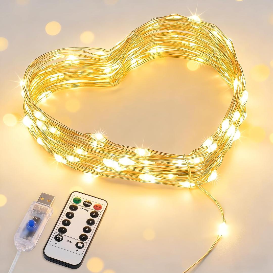 JMEXSUSS USB Fairy Lights for Bedroom, 33ft 100 LED Twinkle Lights Plug in with Remote, Indoor String Light for Dorm Girl's Room Tent DIY Birthday Gift Party Decor, Silver Wire, Warm White,Timer