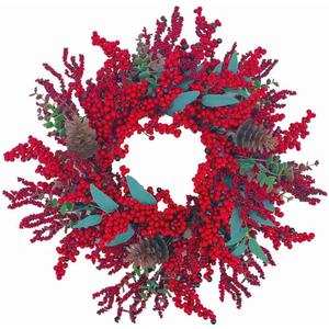 20 Inch Christmas Wreath for Front Door, Artificial Berry with Pinecone, Artificial Red Berry Flower Garlands, Used for Window, Wall, Porch, and Other Indoor and Out Door Home Decorations