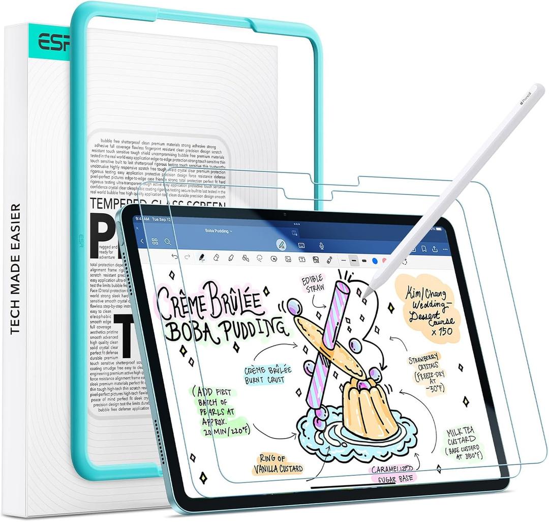 ESR 2 Pack Paper-Feel Screen Protectors for iPad Air 13 Inch M3/M2 (7th/6th Generation, 2025/2024), Write and Draw Like on Paper, 9H Tempered Glass, Matte Writing Film with Alignment Frame, Anti-Glare