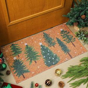 Dunzy Christmas Snowy Forest Doormat Outdoor Green Christmas Tree Imitation Coir Welcome Doormats Xmas Winter Front Door Non-Slip Mat Rugs Decor for Indoor Outdoor Home Entrance Porch