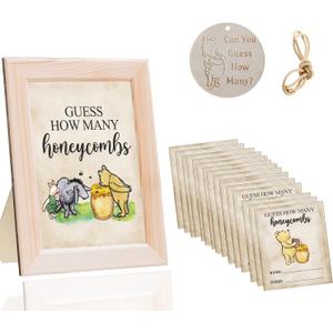 Classic The Winnie Bear Guess How Many Honeycombs Game- Perfect for Baby Showers, Newborn Parties & Birthdays Decorations | Wood Frame + Sign + Guest Game Card - 40 Pcs Set