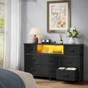 SONGMICS BELLAH Collection - Dresser for Bedroom with Outlets and LED Lights, TV Stand for TVs Up to 55 Inches, Chest of Drawers, 8 Drawers, Steel, Industrial, Modern, Ink Black ULGS433BH02S