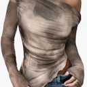 Women's Tie Dye Mesh Ruched T Shirts Long Sleeve Off The Shoulder Tops Date Night Outfit, S