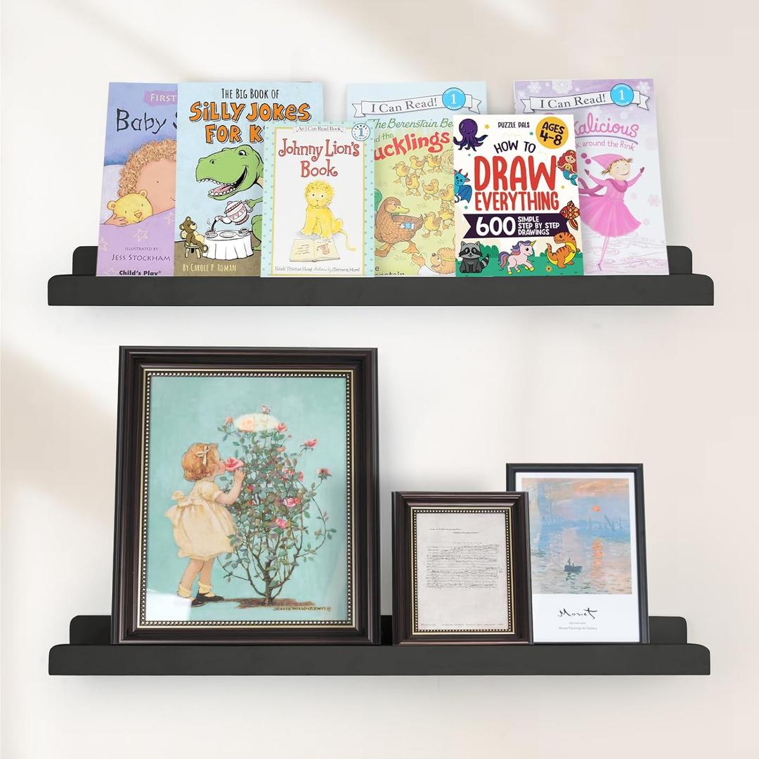 Picture Ledge Shelf with Lip, Black Floating Shelves for Wall Set of 2, 24 inch Wall Floating Shelves for Bedroom Living Room Bathroom Kitchen