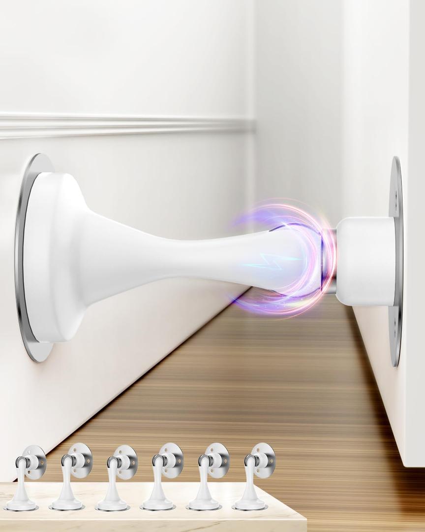 Door Stoppers Magnetic Door Catch - 6 Pack Stainless Steel Heavy Duty Door Stops for Bottom of Door, Wall & Floor Mounting No-Drill Strong Adhesive & Screws, Strong Door Holder to Keep Door Open,White