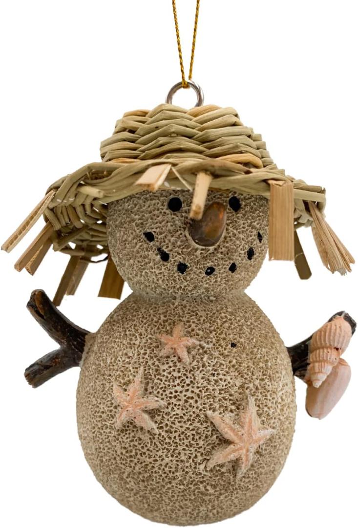 Needzo Christmas Sand Snowman Ornament for Holiday Tree, Hanging Beach Figurine with Straw Hat and Seashells, Coastal Home Decor, 4 Inches