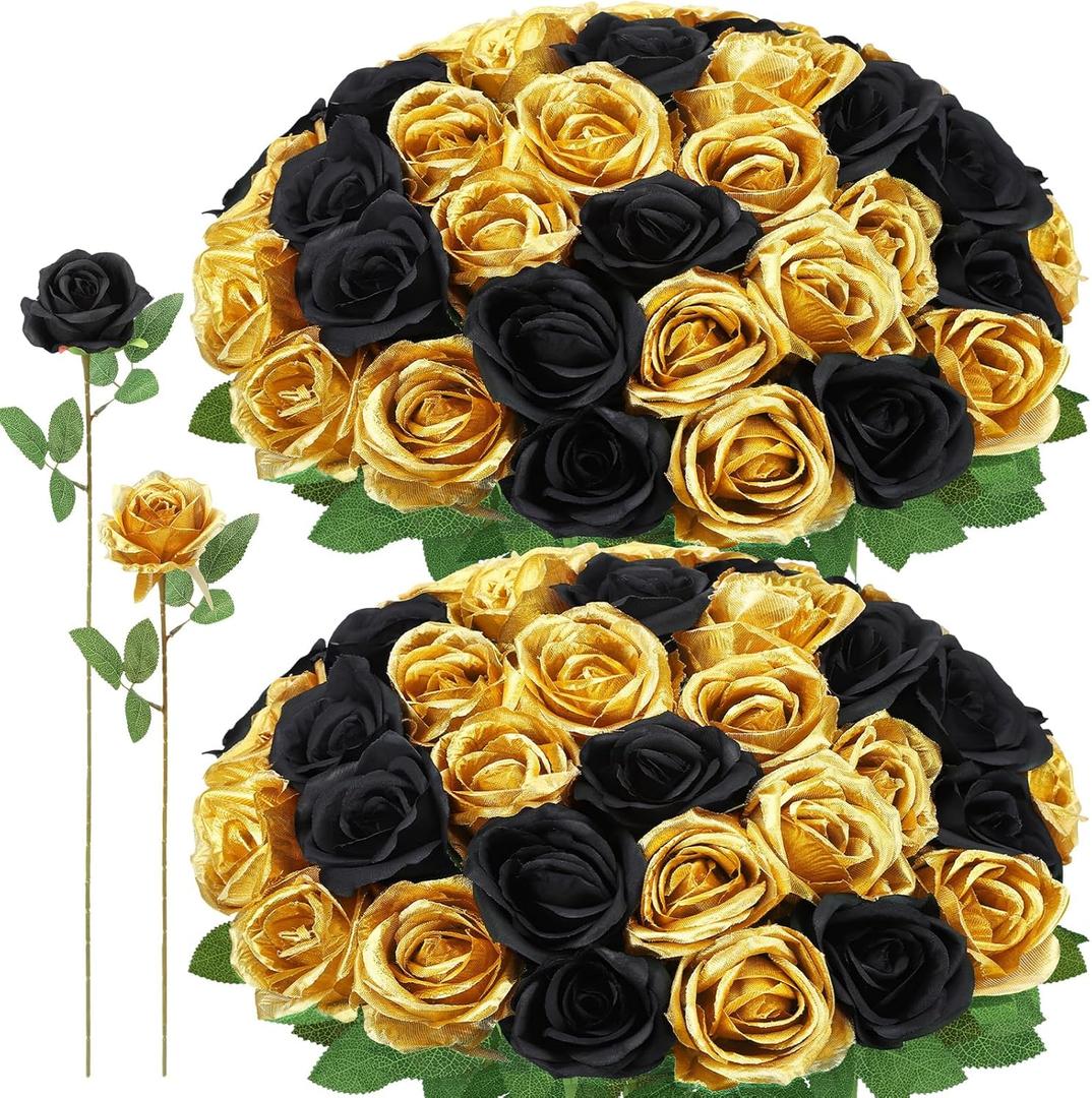 72 Pcs Artificial Roses Gold, Black Fake Silk Roses Realistic Roses Faux Flower Indoor Wedding Home Decor, Birthday Decorations