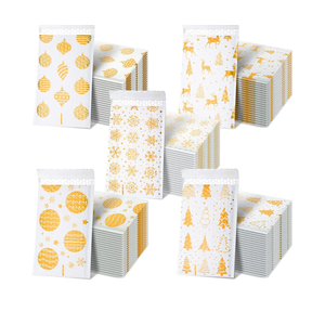 Zhanmai 50 Pcs Christmas Poly Gold Poly Bubble Mailers 5.51 x 8.27 Inch 5 Patterns Xmas Waterproof Bubble Padded Envelopes Self Adhesive Shipping Mailing Bags for Xmas Mailing Packaging