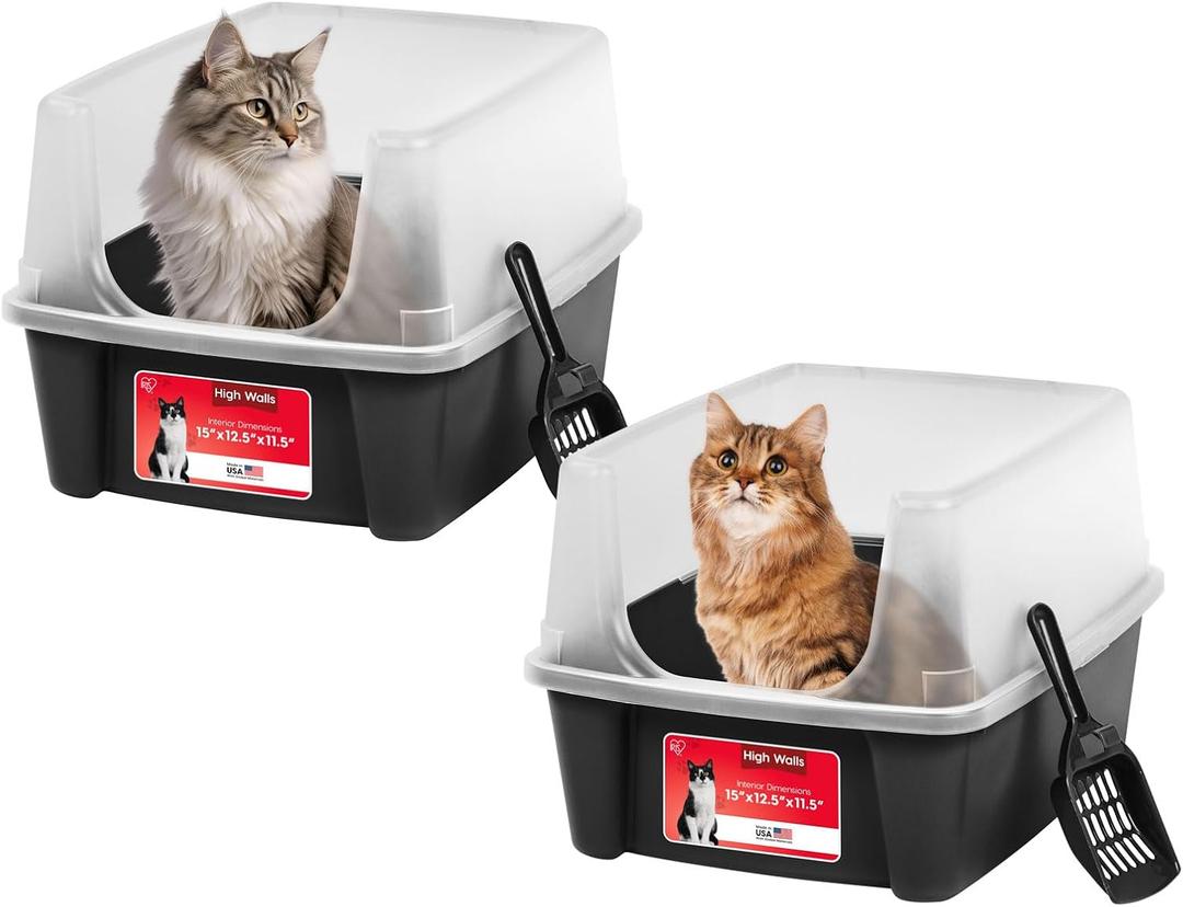 IRIS USA Cat Litter Box Large Open Top with High Sided Walls Tall Scatter Shield Scoop Included Easy Clean Plastic Pan Stain Resistant for Cats Kittens Indoor Multi-Cat Households 2-Pack Black