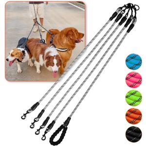 Dog Double Leashes,Comfortable Dog Leash with Reflective,No Tangle Triple Leash for Dogs (Grey Four Leashes)