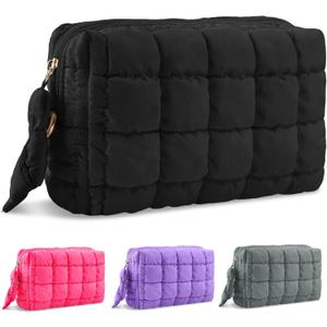 Puffer Quilted Makeup Bag Cosmetic Bags,Puffy Travel Toiletry Pouch for Women,Cute Checkered Zipper Bag Travel Essential,Portable Aesthetic Make up Organizer Bag for Gifts Work Daily(Black,M)