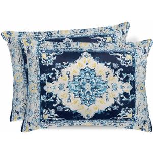 Abstract Standard Pillowcase Set of 2, Vintage Art Bohemian Blue Satin Pillow Case Cover with Smooth Hidden Zipper Closure, Soft Throw Covers for Couch Sofa Home Decoration 20 X 26 Inches