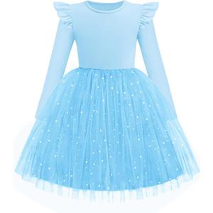 Arshiner Toddler Girls Tutu Dresses Long Sleeve Ruffle Fall Winter Holiday Star Sequin Tulle Dress 6Y (Light Blue)
