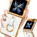 Shorogyt for Samsung Galaxy Z Flip 5 Case with Ring Holder - Elegant Bling Diamond Rhinestone Luxury Sparkly Cover for Women Girls (White)