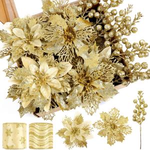 Kimkusia 24 Pcs Gold Christmas Tree Decorations Kit Poinsettias Artificial Christmas Flowers Decorations Set Christmas Ribbon Garland for Christmas Tree