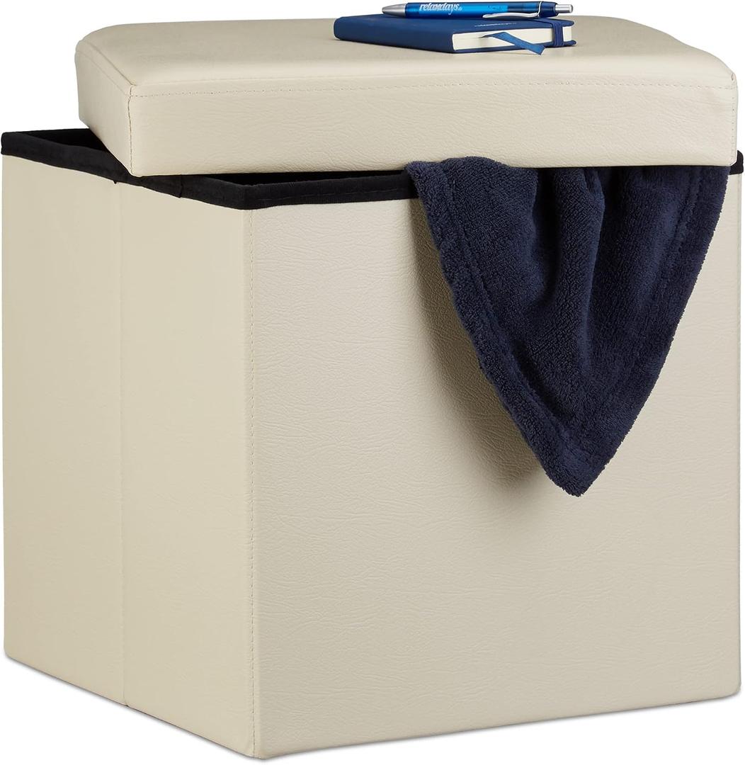 Relaxdays Folding Ottoman 38 x 38 x 38 cm Sturdy Storage Chair Pouffe and Footstool, Faux Leather Box, Removable Lid, Cream