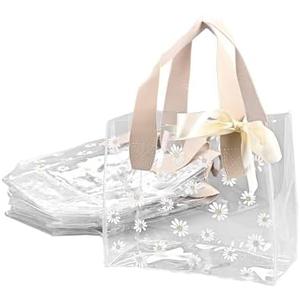 TSAZZZ Set of 18 Clear Daisy Gift Bags With Handles Plastic PVC Goodie Bags With Ribbon Small Gift Bag For Wedding Birthday Baby Shower Party Valentines White (23 * 24 * 14cm，9.05 * 9.45 * 5.5inch) Pack of 3