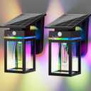 2 Pack RGB Solar Wall Lights Outdoor, Dusk to Dawn & Motion Sensor Porch Light with Lantern Shape, 10 Modes (RGB Cycle/Fixed) IP65 Waterproof, E26 Bulb Exterior Sconce for Front Porch, Garage, Patio