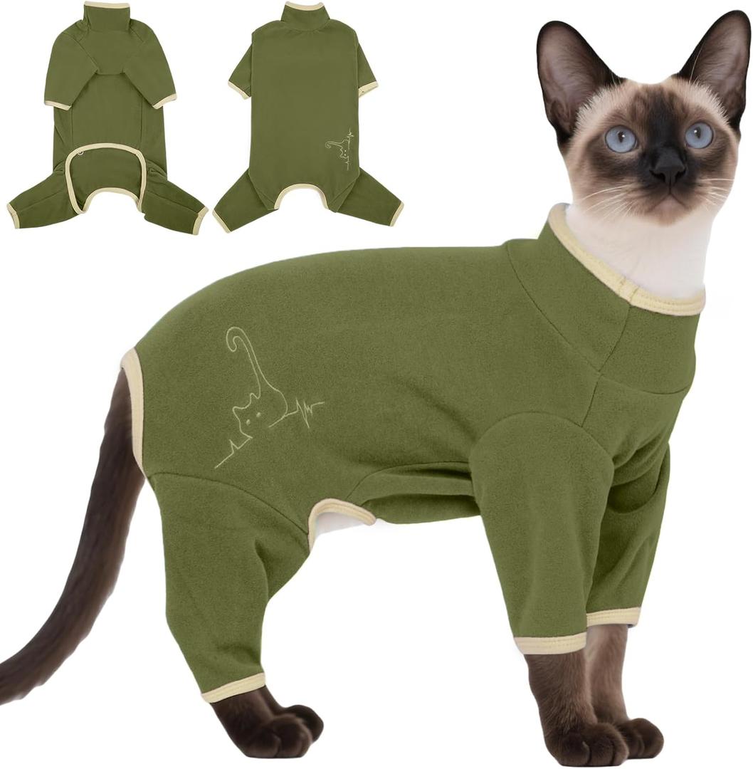 DENTRUN Cat Clothes for Hair Control with Hair Sticky Fabric - Soft Recovery Suit & Breathable Lint-Resistant Cat Sweater for Cats Only, Kitten Onesie Pajamas, M, Army Green