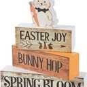 Spring Easter Dec Bunny Wooden Tabletop Decor with Easter Joy/Bunny Hop/Spring Bloom Signs, Spring Farmhouse Spring Table Decorations for Home Indoor, Green Purple Beige Wood Blocks Set of 4