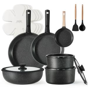 CAROTE 18-Piece Nonstick Cookware Set, Pots and Pans Set with Detachable Handle, Black
