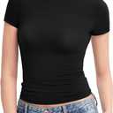 PUMIEY Women's Crew Neck Short Sleeve Tops Double Lined Slim Fit T Shirts Basic Tee Smoke Cloud Pro Collection (X-Small, Jet Black)